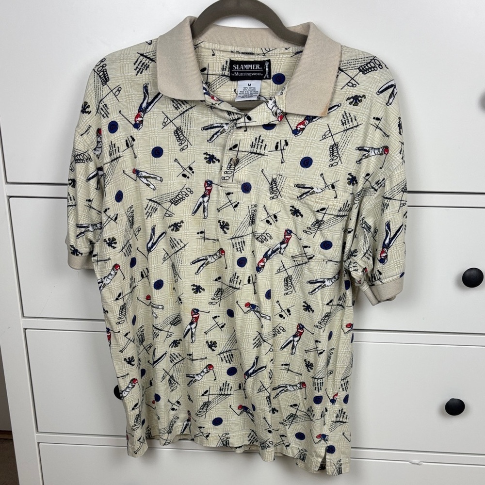 Vintage Slammer by Munsingwear Cream Golf Pattern Polo Shirt - Size M